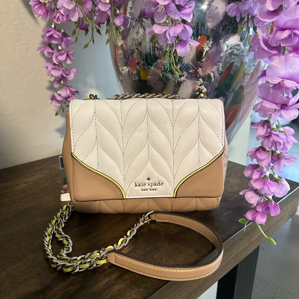 Kate Spade White and Tan Briar Lane Crossbody Bag with Yellow and Silver Ascents